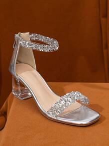 Plus Size Wide Last Crystal & Rhinestone Embellished Silver High Heel Sandals With Unusual Heels - Metallic Silver - View 6