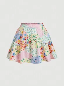 SHEIN MOD Plus Summer Vintage Nomad Style Patchwork Flower Print Spaghetti Strap Crop Top And Short Flared Skirt Set - Multicolor - View 3