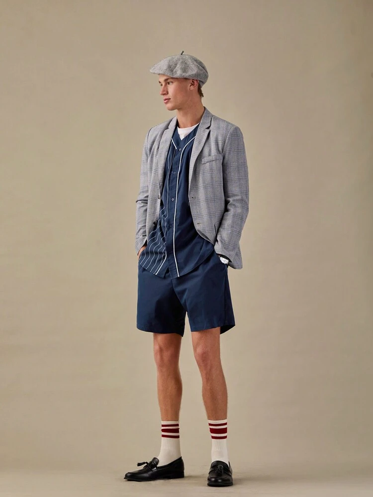 Men Summer Casual Color Block Striped Letter Print Short Sleeve Shirt And Shorts Set,Back To School