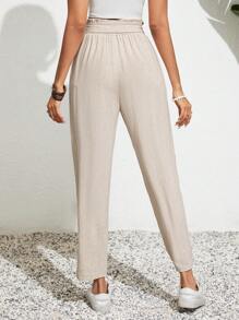 SHEIN Frenchy 女士 Earthy Clothes 机场装蝴蝶结锥形裤，采用纹理亚麻面料、腰带和荷叶边装饰