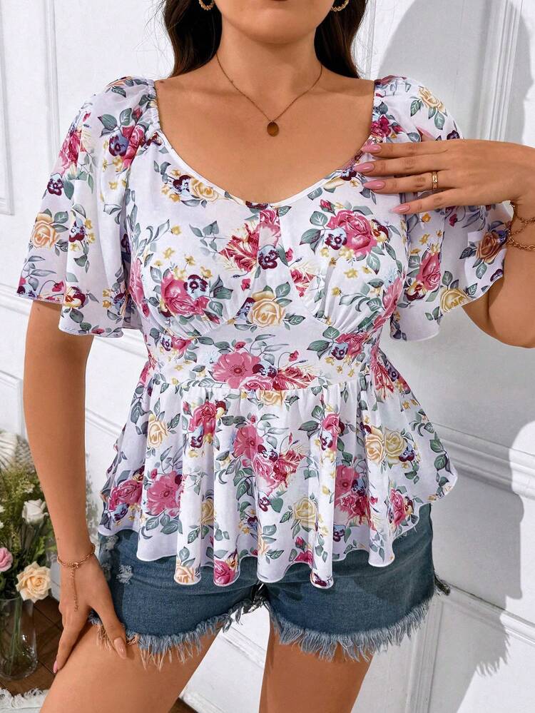 Plus Size Women Summer Holiday Style Floral Printed Sweetheart Neckline Ruffle Short Sleeve Elegant Shirt