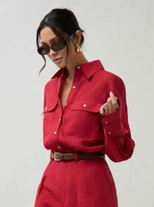 COSMINA 女士红色亚麻休闲宽松衬衫