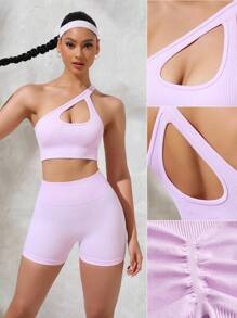 SHEIN Sport Studio Summer Solid Color Rib-Knit Hollow Out One-Shoulder Top And Wide Waist Short Shorts Seamless Slim Fit Sportswear Set