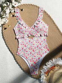 SHEIN Swim Summer Beach Holiday Swimming Pool Ditsy Floral Print Ruffle Trim One-Piece Swimsuit