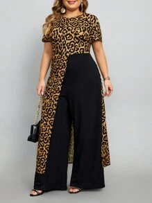SHEIN Lady Plus Size Women Fashionable Leopard Print Short Sleeve Jumpsuit - Brown - View 1