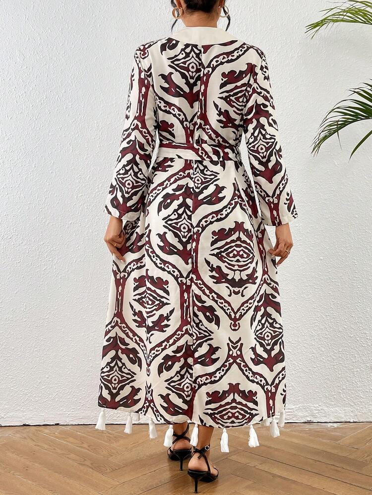 Women Fashion Printed Long Sleeve Dress With Tassel Decoration