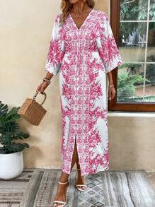 Breezaya Robe de plage longue décontractée pour vacances, imprimé floral, manches chauve-souris, ceinture à la taille, fente, tenue de vacances