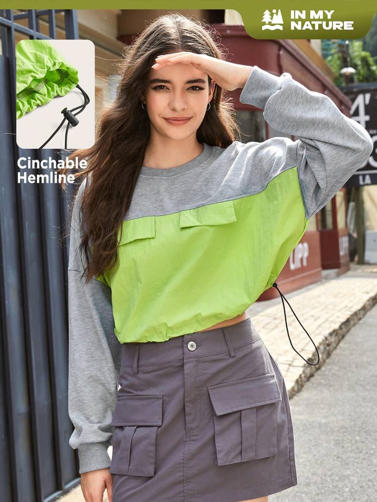 Colorblock Flap Pocket Drawstring Hem Outdoor Tee