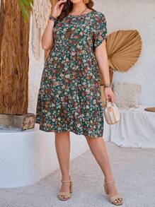 SHEIN CURVE+ Plus Size Nữ In Hoa Cổ Tròn Tay Ngắn Đầm Chữ A - Nhiều màu - Xem 5