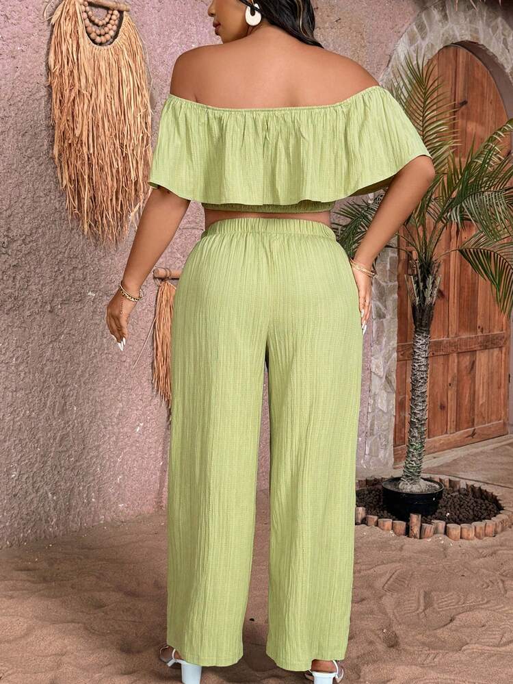Casual And Simplistic Texture Elastic Top And Wide-Leg Pants Two-Piece Set For Commuting