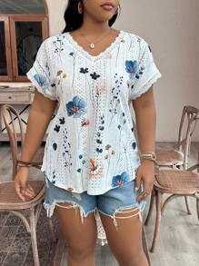 SHEIN VCAY Women Plus Size Boho Floral Printed Lace Trim Summer T-Shirt