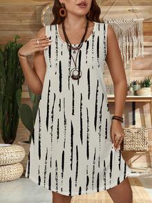 SHEIN LUNE 休閒復古無袖緊身大尺碼女裝夏季連衣裙 - 杏色 - 查看 5