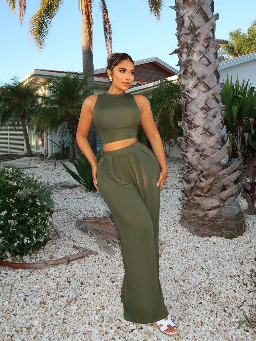 SHEIN SXY 2 pezzi/set Completo donna estivo: top corto ampio senza maniche e pantaloni a zampa larga per spiaggia