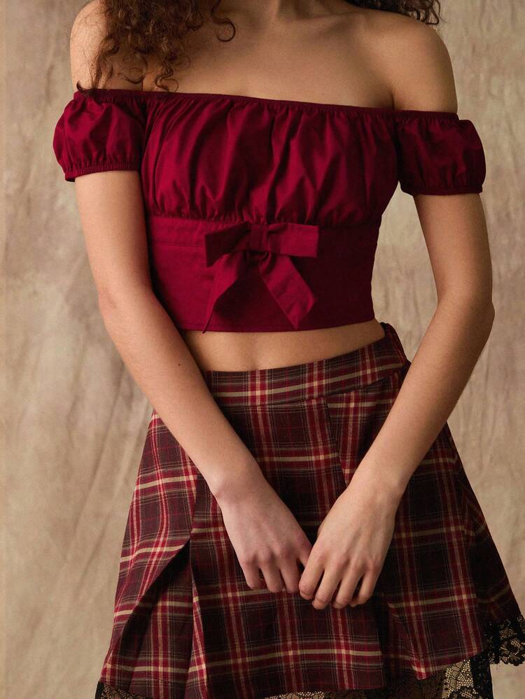 Summer New Off Shoulder Sweet College Style Top With Bowknot