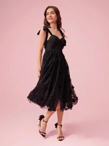 Enchnt Women Summer Elegant Spaghetti Strap Dress With 3D Floral Decoration, Mesh Contrast And Ruffled Hem