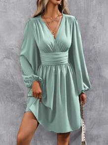 EMERY ROSE Kvinnor Enfärgad överlappande V-ringad Lyktärm Midja veckad Elegant klänning för vår och sommar - Mint Grön - Visa 7