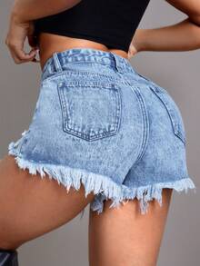 SHEIN PETITE Women Simple Daily Frayed Edge Denim Shorts - Light Wash - View 2
