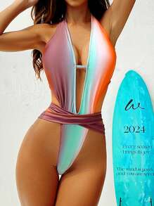 SHEIN Swim Women Vacation Gradient Deep V-Neck Sexy Halter One-Piece Swimsuit Summer - Multicolor - View 4