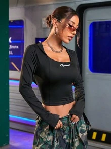 Streetz SHEIN Sport Frühlingshafter Lässig Kurzarm Kapuzenshirt mit Buchstaben Muster, eng anliegend, bauchfrei, Sport T-Shirt für das Fitnessstudio - Schwarz - Übersicht 7