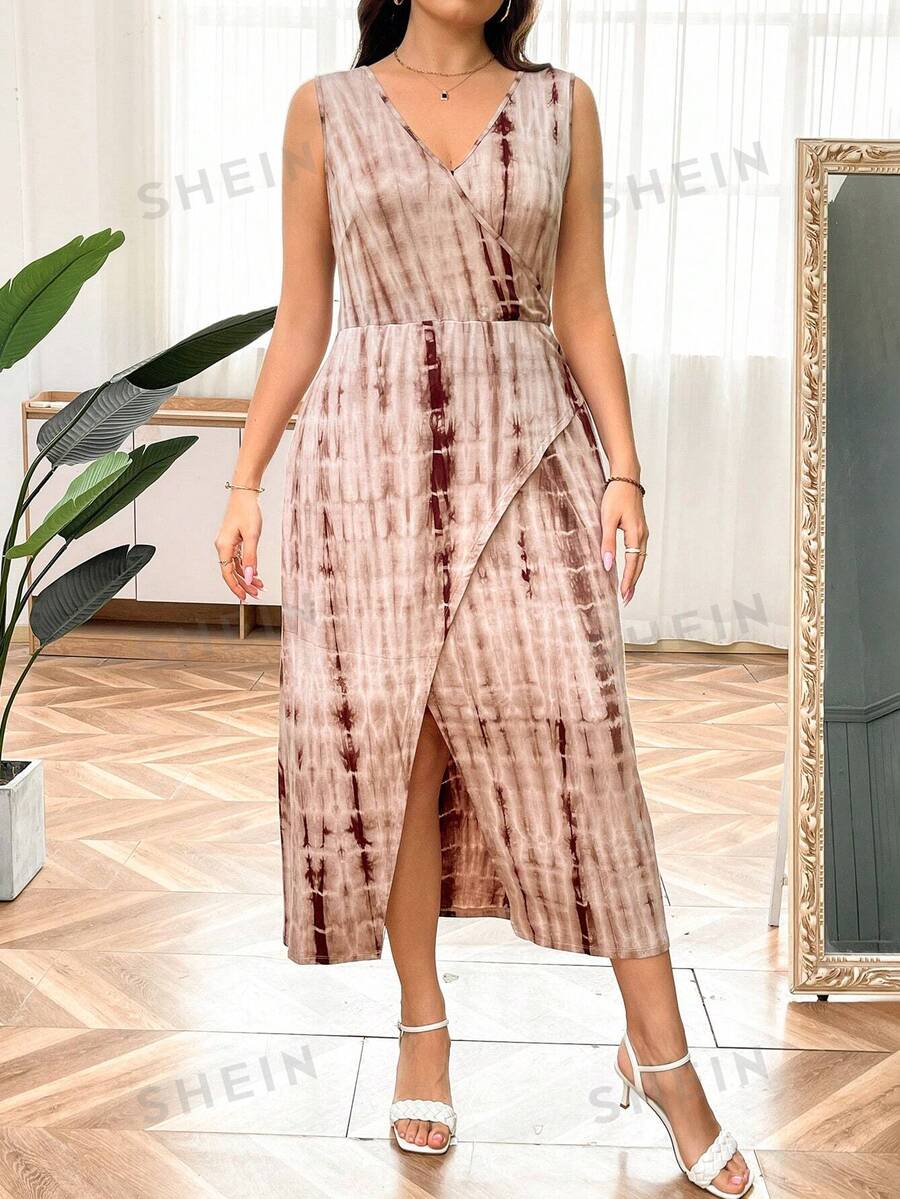 SHEIN Clasi Vestido sin mangas de talla grande para mujer con diseño de atado teñido y dobladillo asimétrico para el verano