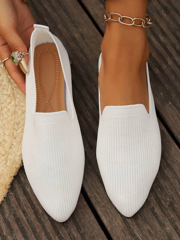 Women's Flat Shoes: Knitted Breathable Mesh Flat Shoes, Elegant Striped Embroidered Round Toe Dress Shoes, Slip-On Casual Shoes In Black, White, Beige, Military Green
