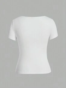 SHEIN EZwear Bộ 3 Áo thun nữ cổ vuông tay ngắn dáng ôm vừa vặn thường ngày, mùa hè - Nhiều màu - Xem 5