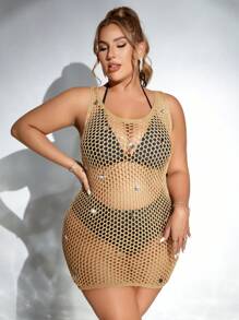SHEIN Swim Curve Summer Beach Plus Size Solid Color Sleeveless See-Through Cover-Up Is Suitable For Wearing At The Beach, Vacation, And Swimming Pool - Khaki - View 5