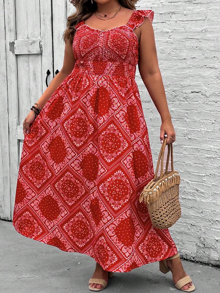 Plus Size Vacation Style Square Neckline Cinching Waist Dress, Summer