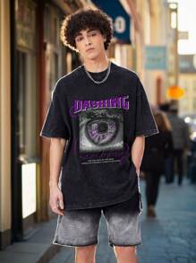 Manfinity Roghcode T-shirt décontracté à manches courtes pour homme avec col rond imprimé de slogan été streetwear