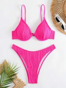 SHEIN Swim Women Bikini Sets Plain Seksi - Hot Pink - View 1