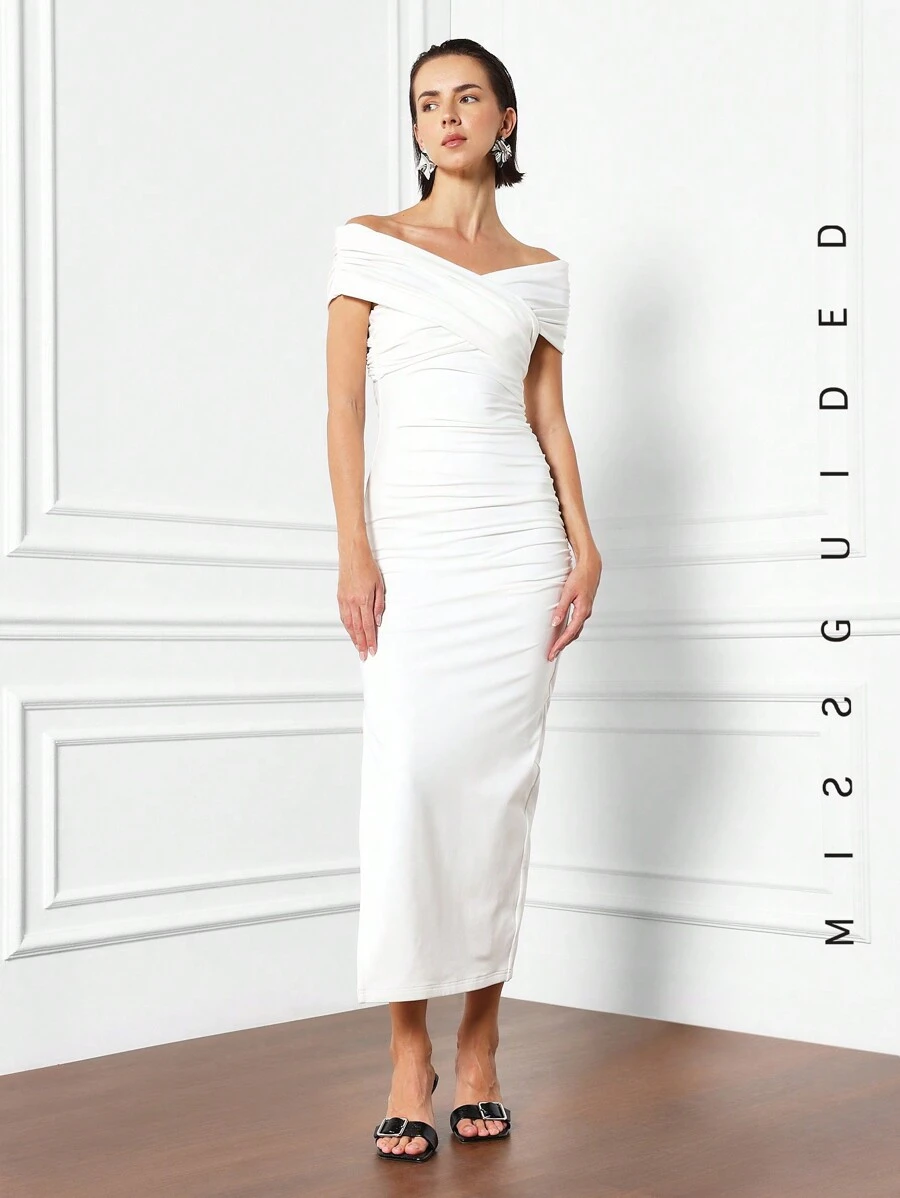 MISSGUIDED Vestido midi con hombros descubiertos fruncidos, abertura lateral - Blanco - Ver 1