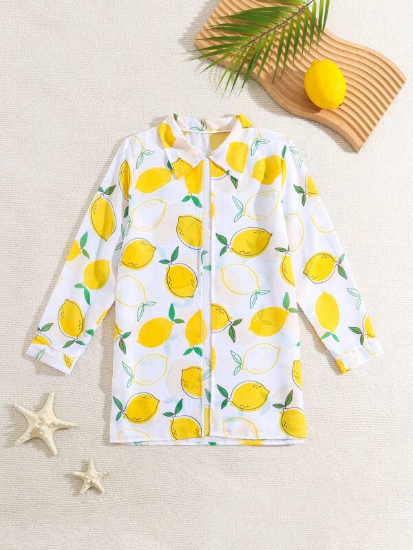 Cárdigan Kimono Lemon Print relajado para vacaciones para niña preadolescente