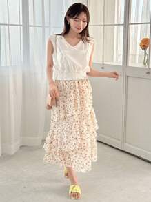 FRIFUL Versatile Simple Daily Cropped Cap Sleeve Shirt,Ruffle