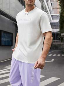 Manfinity Homme 男士加大码字母印花短袖T恤抽绳下摆慢跑裤休闲两件套春夏季 - 紫色 - 查看 3