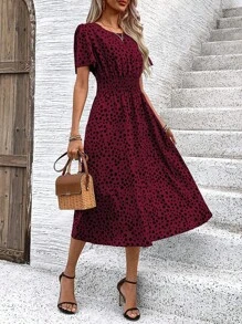 SHEIN LUNE Women Elegant Short Sleeve Round Neck Waist Tie Long Printed Dress For Summer Holiday For New Year Clothes Maxi Women Outfit - Red - View 3