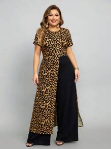 SHEIN Lady Plus Size Women Fashionable Leopard Print Short Sleeve Jumpsuit - Brown - View 6