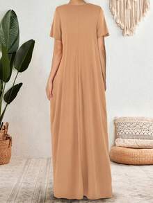 Vestido de mujer de unicolor de manga corta - Albaricoque - Ver 2