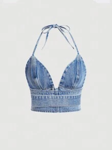 SHEIN MOD Women Summer Casual Denim Top With Metal Grommet Decorated Neck Tie - Medium Wash - View 2