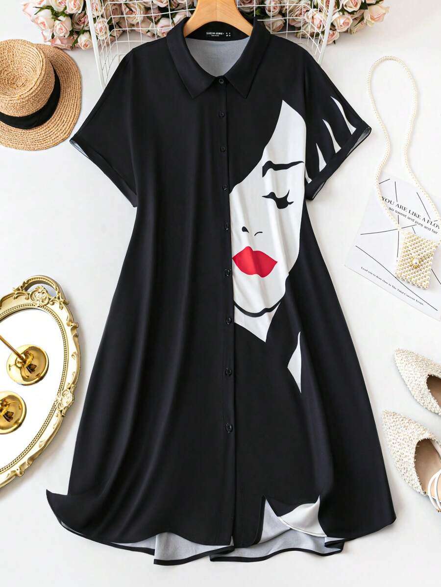 SHEIN CURVE+ Váy ngắn tay cỡ lớn dành cho nữ có in hình nhân vật và có cúc phía trước - màu đen - Xem 1