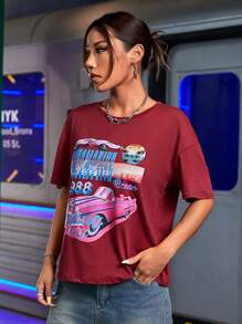 女性四季鬆身短袖汽車字母印花圓領運動T恤，健身上衣 - 酒紅色 - 查看 4