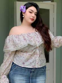 Dazy Plus Bluză casual cu mânecă lungă, model boho, cu imprimeu floral, stil patchwork, tiv cu volane, pentru mărime plus, pentru primăvară/vară, toamnă - Violet - Vizualizare 7