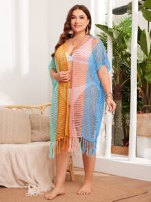 SHEIN Swim Curve 大碼女性彩色拼接流蘇搭扣開衫，適用於夏季度假 - 彩色 - 查看 4