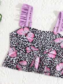 Young Girl Butterfly & Leopard Printed Tank Top Triangle Bottom Tankini Swimwear Set With Solid Color Skirt For Vacation - Pink - View 4