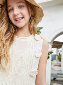 SHEIN Tween Girl Vintage Knitted Dress Sleeveless With Knitted Double Twisted Braided Pattern And 3D Flowers Design On One Side - Yellow - View 3