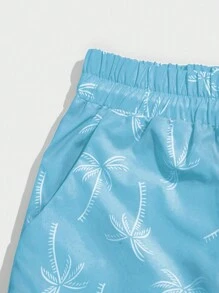 ROMWE MEN Casual 男士棕榈树印花抽绳夏季短裤 - 藍色 - 查看 3