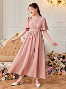 SHEIN 少女束腰A字型重疊領長袖度假裙 - 藕粉色 - 查看 6