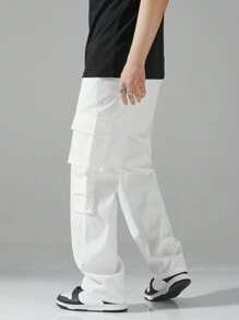 Manfinity EZcore Męskie spodnie z szerokimi nogawkami, ściągaczem w pasie i prostym krojem, długie, gładkie, białe, idealne na wyjścia i jesień