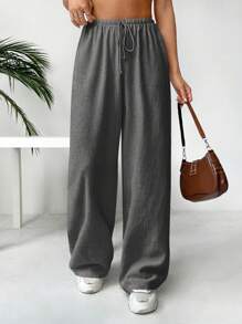 SHEIN EZwear 女性休閒純色束腰褲 - 灰色 - 查看 6