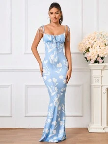 PARTHEA 女士印花褶皱前系带修身优雅连衣裙 - 藍白色 - 查看 7