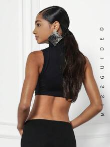 MISSGUIDED Jersey Stand Collar Sleeveless Crop Top - Black - View 2